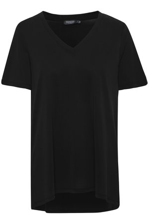 Tricou negru cu decolteu în V, realizat dintr-un material moale, cu mâneci scurte și o croială lejeră, având o spate ușor mai lung și fără modele vizibile.