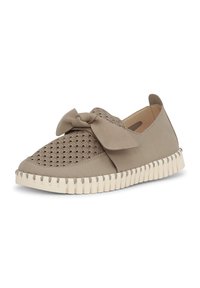 Taupe Slipper mit strukturiertem Muschel-Muster, dekorativer geknoteter Schleife oben und dicker weißer profilierter Sohle.