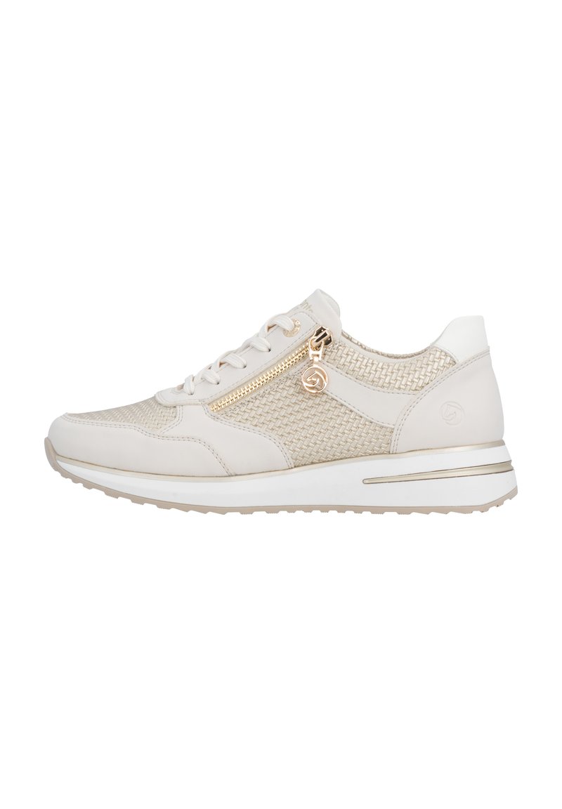 Light beige sneaker with textured mesh panels, gold zipper accent, round toe, and cushioned sole. Features lace-up design and white outsole.