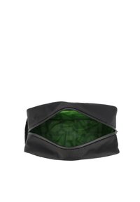 Bolsa de tela negra con una amplia apertura de cremallera, que revela un interior verde con un diseño estampado. Textura suave y forma rectangular.