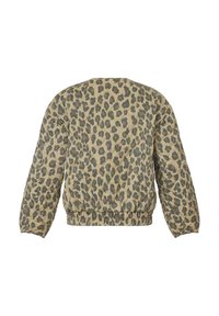Quiltet jakke i leopardprint med beige og mørkebrune farver. Den har en rund halsudskæring samt en gathered talje og mansjetter.