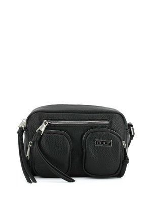 Borsa a tracolla in pelle nera testurizzata con tre scomparti con cerniera e logo in metallo "CULT" sulla tasca frontale.