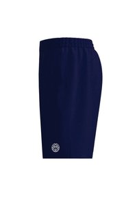 Marineblauwe joggingbroek met een geribbelde elastische tailleband, zijzakken en een wit logo op het onderbeen. Glad materiaal, taps toelopend ontwerp.