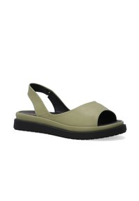 Grüne Leder-Slingback-Sandale mit offenem Zehenbereich, gepolsterter Plattformsohle, verstellbarem Riemen und strukturiertem schwarzen Gummilaufsohle.