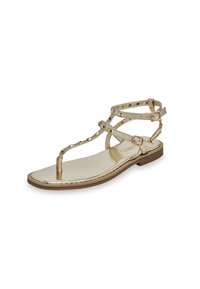 Flat, open-toe sandal in metallic gold. Features dual ankle straps with studs and buckle, and a smooth, flat footbed.