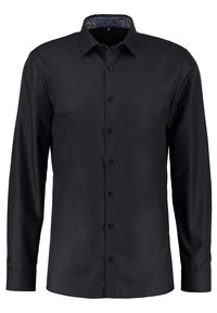 Black long-sleeve shirt with a pointed collar, featuring button closures and a patterned accent inside the collar. Smooth texture.