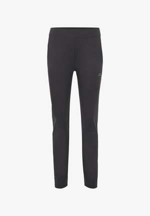 Black athletic leggings made of stretch fabric, featuring a slim fit, high waistband, and minimal design with a small logo accent on the side.