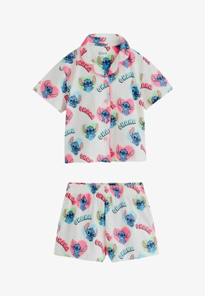 Børne kortærmet pyjamas sæt med blå tegneseriefigur Stitch, lyserøde og blå hjerter og "OHANA" tekst på hvid baggrund.