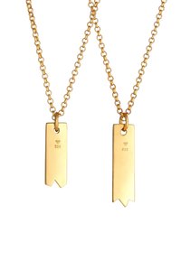 Goldfarbene Halsketten mit zwei länglichen Stab-Anhängern. Jeder Anhänger hat eine spitz zulaufende Unterseite und gestempelte Markierungen auf der Oberfläche.