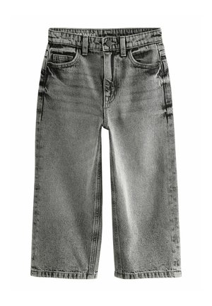 Šedé široké džínsy s poškodeným vzhľadom, ktoré majú predné vrecká a zapínanie na gombík. Vyrobené z denimu s hladkým povrchom.