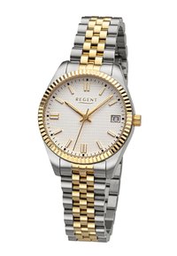 Montre en métal argenté et doré avec un cadran blanc texturé, marqueurs d'heure dorés, affichage de la date et un bracelet bicolore.