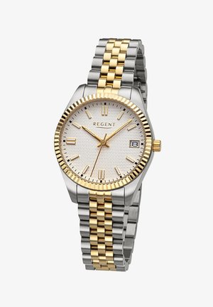 Montre en métal argenté et doré avec un cadran blanc texturé, marqueurs d'heure dorés, affichage de la date et un bracelet bicolore.