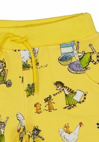 Gelbe Jogginghosen mit verspielten Tierillustrationen, darunter Katzen, Mäuse und Hühner, einem Kordelzug in der Taille und einer weichen Textur.