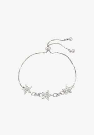 Braccialetto in argento con tre ciondoli a forma di stella, ciascuno decorato con cristalli trasparenti, collegati da anelli a catena, regolabile con un clasp scorrevole.