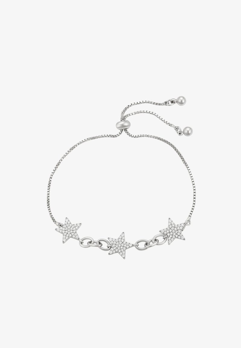 Ezüst karkötő, három csillag alakú medállal, mindegyik tiszta kristályokkal díszítve, láncszemekkel összekötve, állítható csúszó csattal.