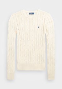 Krämfärgad kabelstickad långärmad tröja med rund halsringning och liten mörk logotyp broderad på vänster bröst av Polo Ralph Lauren.