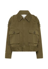 Olivgrüne kurze Jacke mit Reißverschluss vorne, zwei knöpfbaren Pattenaschen, weitem Kragen und einem passenden, taillierten Gürtel.