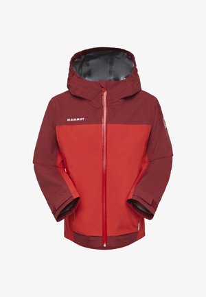 Rote und dunkelrote wasserdichte Kapuzenjacke mit durchgehendem Frontreißverschluss und "Mammut"-Logo auf Brust und Ärmel.