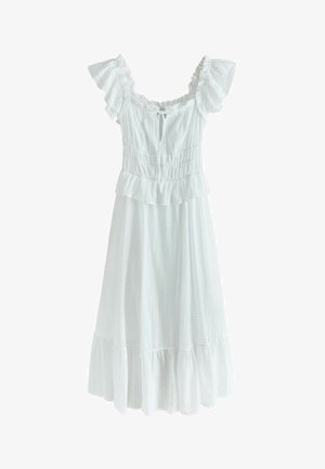 White midi dress with puff sleeves, ruched bodice, drawstring neckline, and tiered ruffle hem.