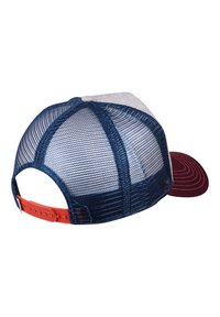 Red, structured cap with a curved visor, featuring navy mesh back and grey fabric panel. Adjustable strap in orange at the back.