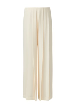 Cream-colored wide-leg pants with pleats, designed for a loose, flowing fit and a high waist.