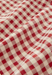 Rot-weißer kariertes Baumwollgewebe mit einer weichen Textur, das ein klassisches Gingham-Muster aus gleichmäßig großen Quadraten zeigt.