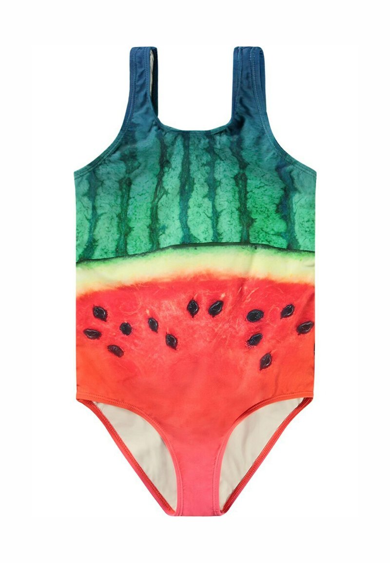 Maillot de bain une pièce avec un imprimé pastèque ; présente un haut vert, un bas rouge et des détails en forme de graines noires ; fabriqué à partir d'un matériau lisse et léger.
