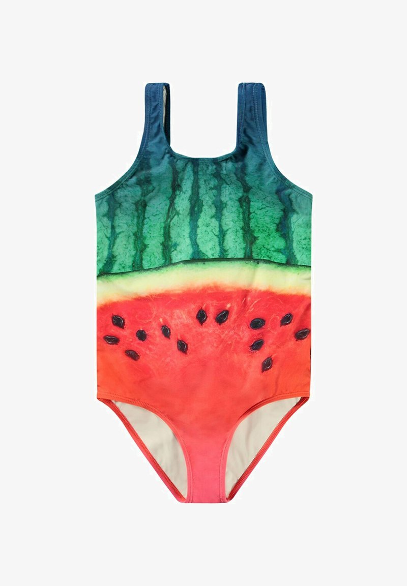 Maillot de bain une pièce avec un imprimé pastèque ; présente un haut vert, un bas rouge et des détails en forme de graines noires ; fabriqué à partir d'un matériau lisse et léger.