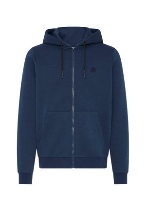 Námornícky modrá mikina na zips vyrobená z mäkkej tkaniny. Má predné vrecko, kapucňu so šnúrkou a malé čierne logo na hrudi.