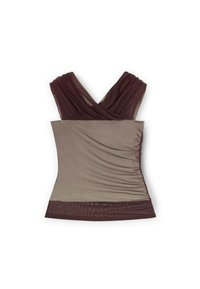 Top senza maniche da donna con scollo a V, caratterizzato da una rete marrone scuro e pannelli in tessuto arricciato marrone chiaro.