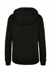 Svart hettegenser har et mykt, teksturert stoff, en snorhette og ribbestrikkede mansjetter og nederkant. Bakfra viser den et enkelt design uten pynt.