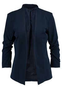 Námořnická modrá blazer s jednobuttonovým zapínáním, hladkou strukturou, přizpůsobeným střihem a otevřeným předním dílem. Dlouhé rukávy s nařasením na manžetách.