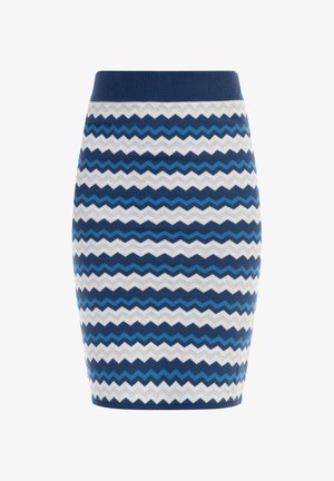 Sukienka dzianinowa z wzorem w zygzak w różnych odcieniach niebieskiego, białego i ciemnogranatowego; dopasowany krój z ściągaczem w talii.