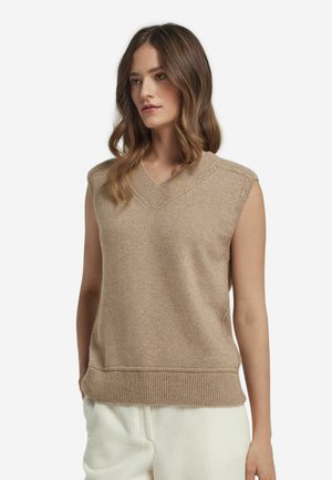 Beige ärmelloser Strickpullover mit V-Ausschnitt, subtiler Textur und geripptem Saum. Der Stoff wirkt weich und leicht, ideal zum Layering.