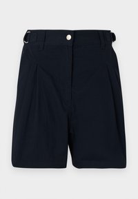 Marineblaue Baumwollshorts mit gefaltetem Vorderteil, seitlichen Gürtelschlaufen und einem Metallknopfverschluss. Glatte Textur, taillierte Passform.