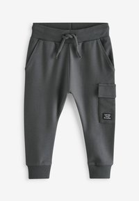 Grijze joggingbroek met een geribde tailleband, trekkoord, zijzakken en een cargozak met een genaaid etiket met tekst.