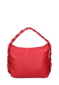 Borsa a spalla sintetica rossa con una finitura liscia, forma curvata e manico intrecciato. Presenta un unico scomparto e chiusura con zip superiore.