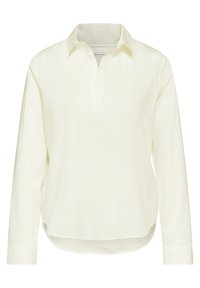 Langærmet, kravebluse i off-white, med en pullover-design og afrundet kant. Glat tekstur, letvægtsstof, uden synlige mønstre.