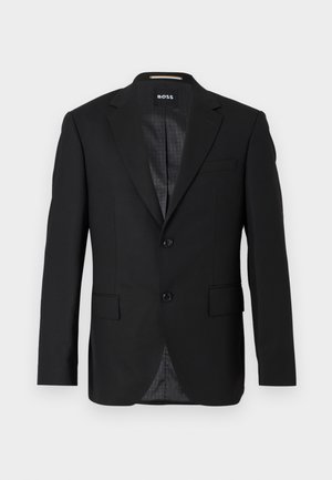 Black suit jacket with two buttons, notched lapels, and two front pockets; smooth texture and subtle interior pattern; label visible.