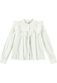 Camicia bianca con bottoni, maniche lunghe, caratterizzata da un colletto arricciato e dettagli sul petto, realizzata in un materiale morbido. Etichetta del marchio visibile.