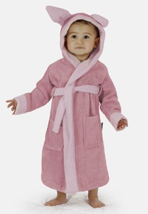 Rosa plüschige Bademantel mit Kapuze, die mit Schweineohren verziert ist, mit Krawattenverschluss und zwei vorderen Taschen; kontrastierender hellrosa Saum an den Ärmeln.