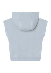 Graue ärmellose Kapuzenjacke mit geräumiger Kapuze, weichem Material und geripptem Saum, entworfen für Komfort in einer lässigen Passform.