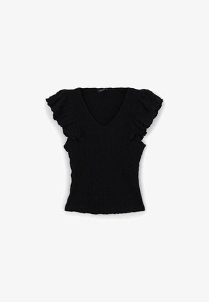 Top nero con maniche corte a balze e scollatura a V profonda. Il materiale ha una superficie texture, una silhouette aderente e un orlo curvo.