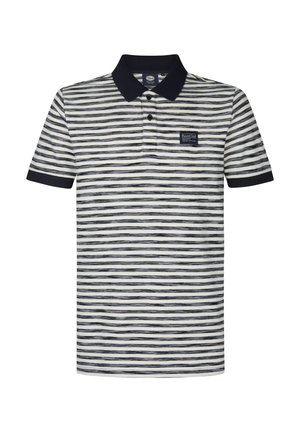 Polo a righe in navy e bianco, con colletto, patta con bottoni e etichetta con logo sul petto. Materiale in cotone morbido, maniche corte.