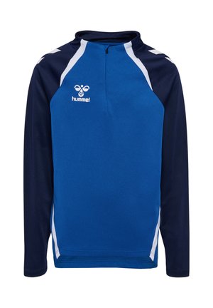 Langærmet sportstop i blå med marineblå ærmer, hvide detaljer på skuldre og sider samt lille hvid hummel-logo på venstre bryst.