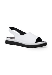 Bílé sandály s odkrytou špičkou a opaskem na patě, černá podrážka, hladká kožená materiál a minimalistický design s polstrovanou podešví.