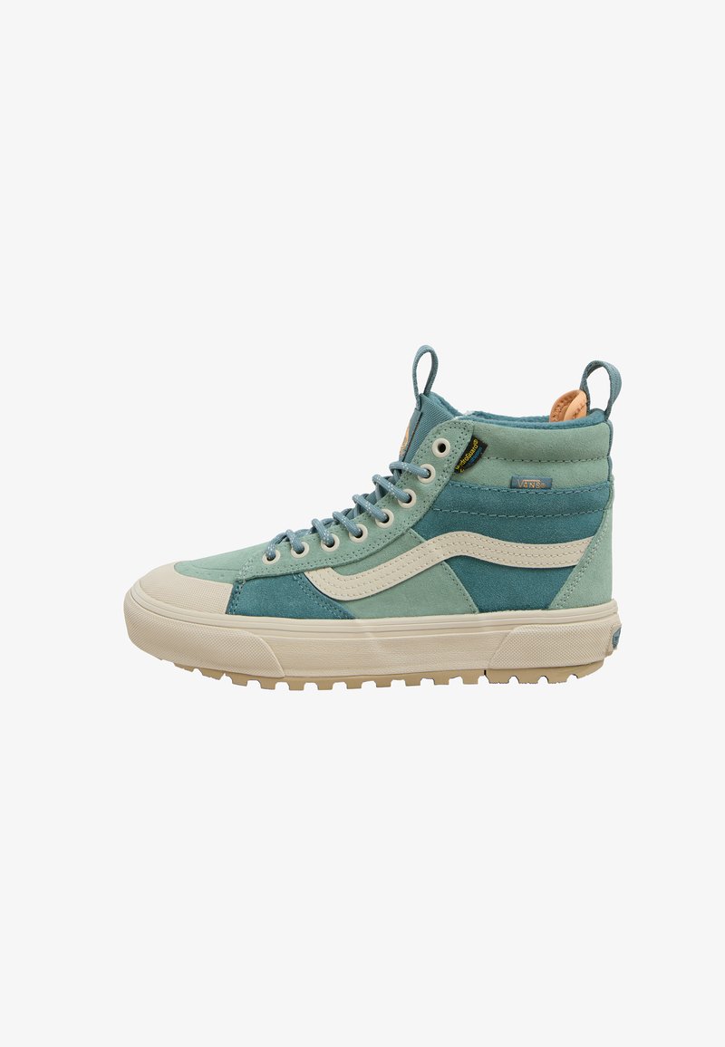 High-top sneaker in mint green and soft blue suede, with white accents, textured rubber sole, and metal eyelets. Features a heel tab.