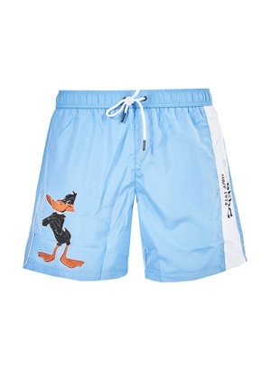 Costume da bagno azzurro chiaro con elastico in vita e cordino bianco, con una grafica di Daffy Duck in nero e arancione sulla gamba sinistra.