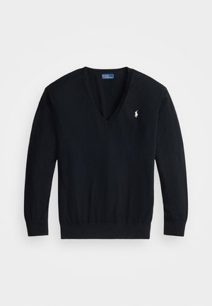 Black v-neck sweater made of soft cotton, featuring long sleeves and a ribbed hem. Small white logo on the left chest.