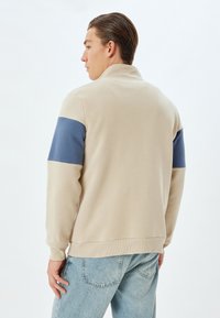 Sweatshirt beige avec un col montant, doté d'accents bleus sur les manches. Fabriqué en tissu doux, offrant une coupe décontractée et des poignets côtelés.